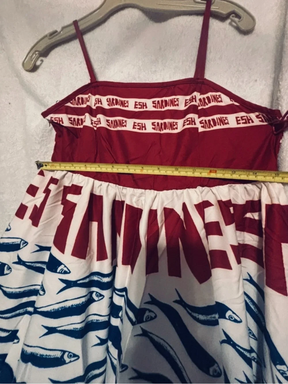 Red & White Graphic Sardine Print Maxi Dress